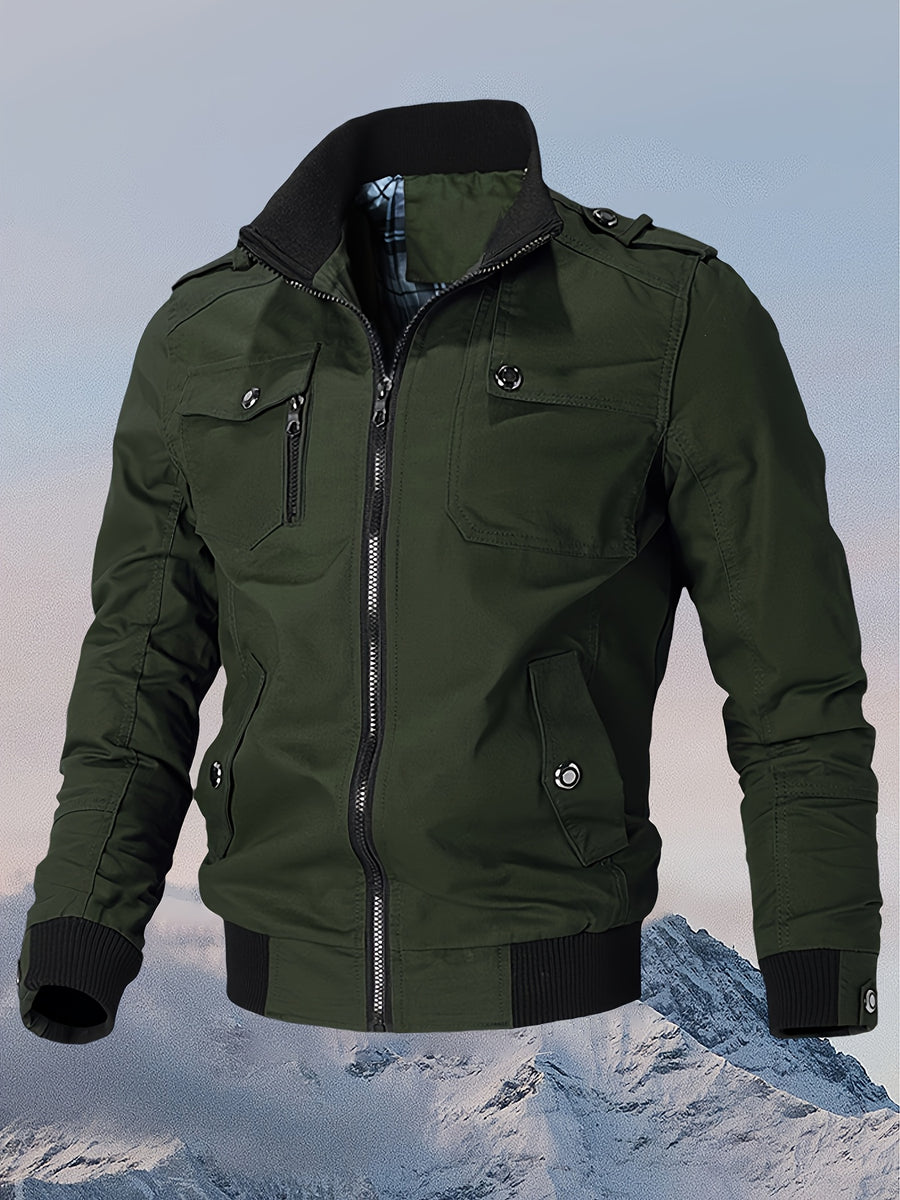 American Vintage Military Green Workwear Jacket for Men, Multi-Pocket Windproof and Wear-Resistant, Versatile Stand Collar Outerwear for Spring/Autumn Outdoor Commuting - Olive Green