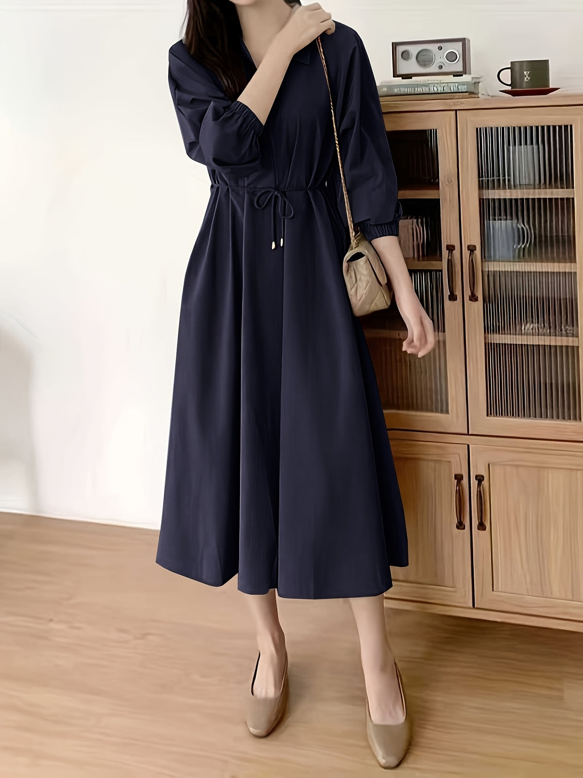 Lapel Tie Dress - Navy Color