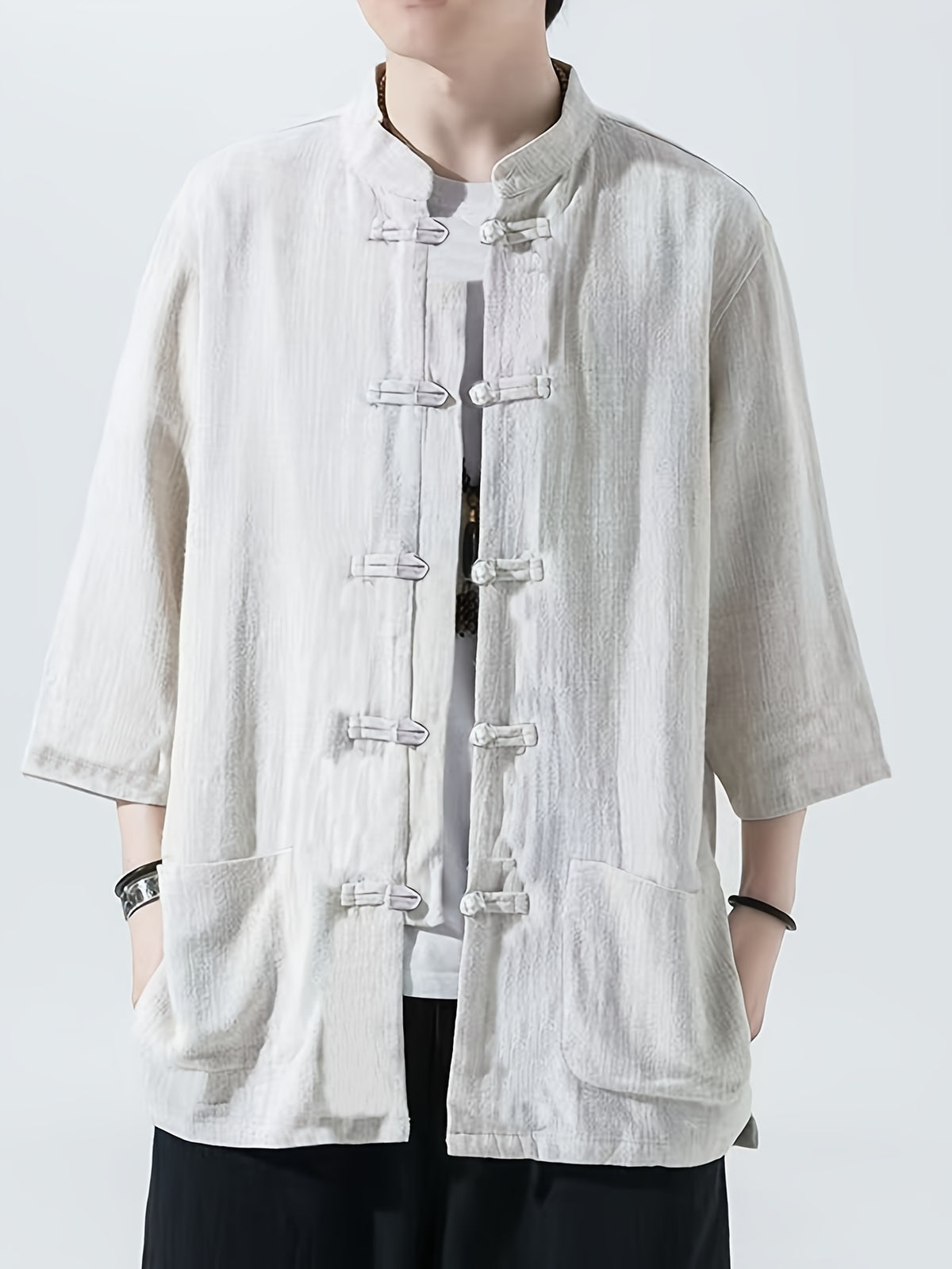 New Chinese Style Men'S Half-Sleeved Casual Shirt, Classic 5pcs Button-Up Men'S Shirt, Comfortable And Breathable Linen Blend Men'S Top - White