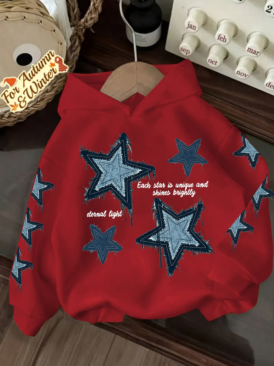 Vintage Denim Fringe Star Hooded Sweatshirt with All-Over Five-Pointed Star Print, a Versatile Casual Hoodie Top for Spring and Autumn - Red