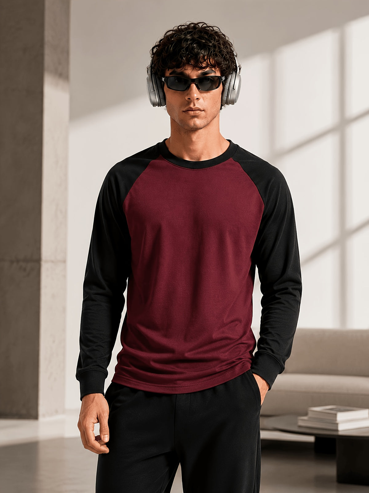 Men'S Long Sleeve Round Neck T-Shirt, a Versatile Color-Block Pullover Top, Men'S Work And T-Shirt, Men'S Top, Casual Work Scene Wear, Applicable for Work Scenes - Black Sleeves + Apricot Red Top + Dark Gray Top + Large White Top