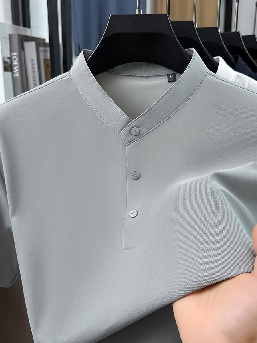 Maqiqi OBM New Spring/Summer Men's Henley Shirt, Chinese Style Solid Color Seamless Half-Open Placket Single-Breasted Button-Up Stand Collar Short-Sleeve T-Shirt, Men's Business Casual Fashionable Breathable Versatile Polo Shirt, Knitted Pullover - Grey