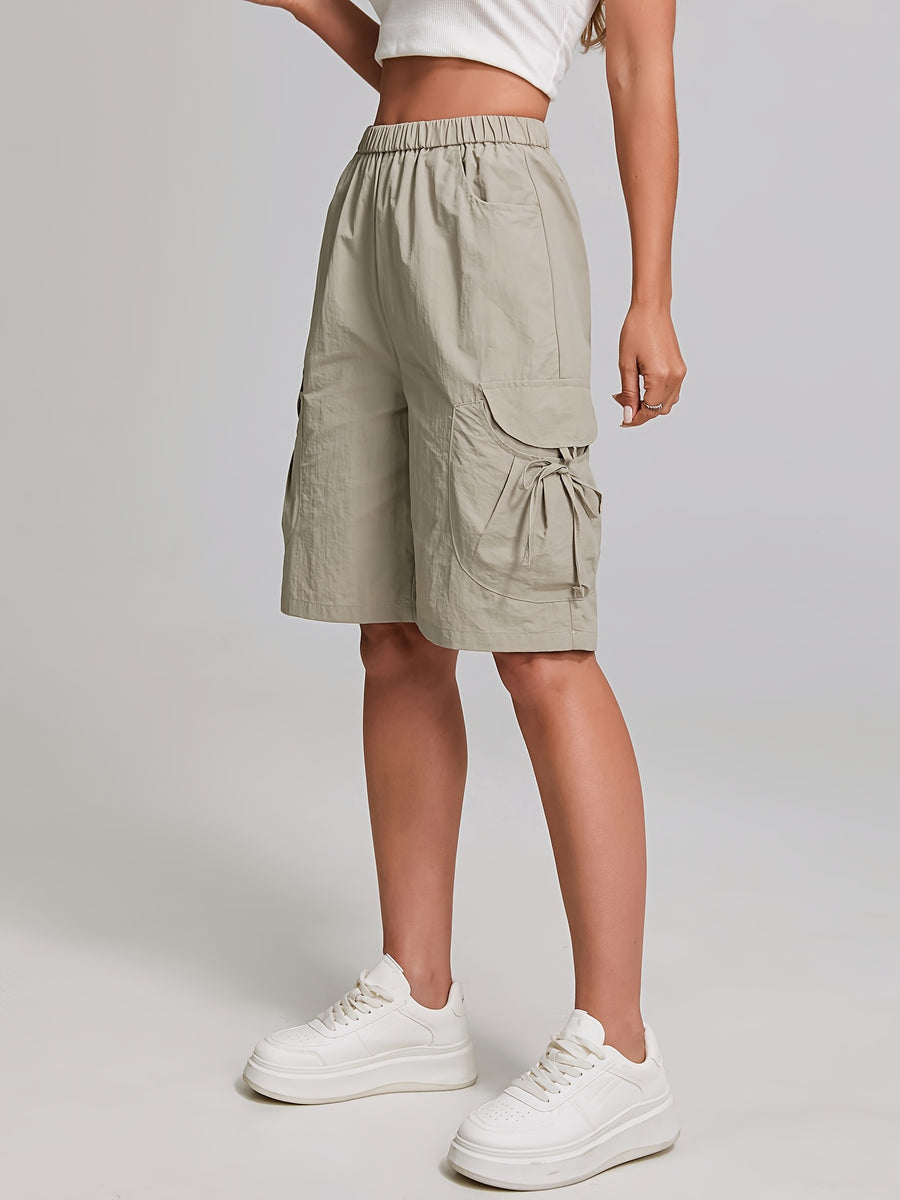 Women'S American-Style Quick-Dry Cargo Pants with Large Pockets, High-Waisted, Casual Straight-Leg, Knee-Length Shorts with Elastic Waistband, Machine Washable - Khaki