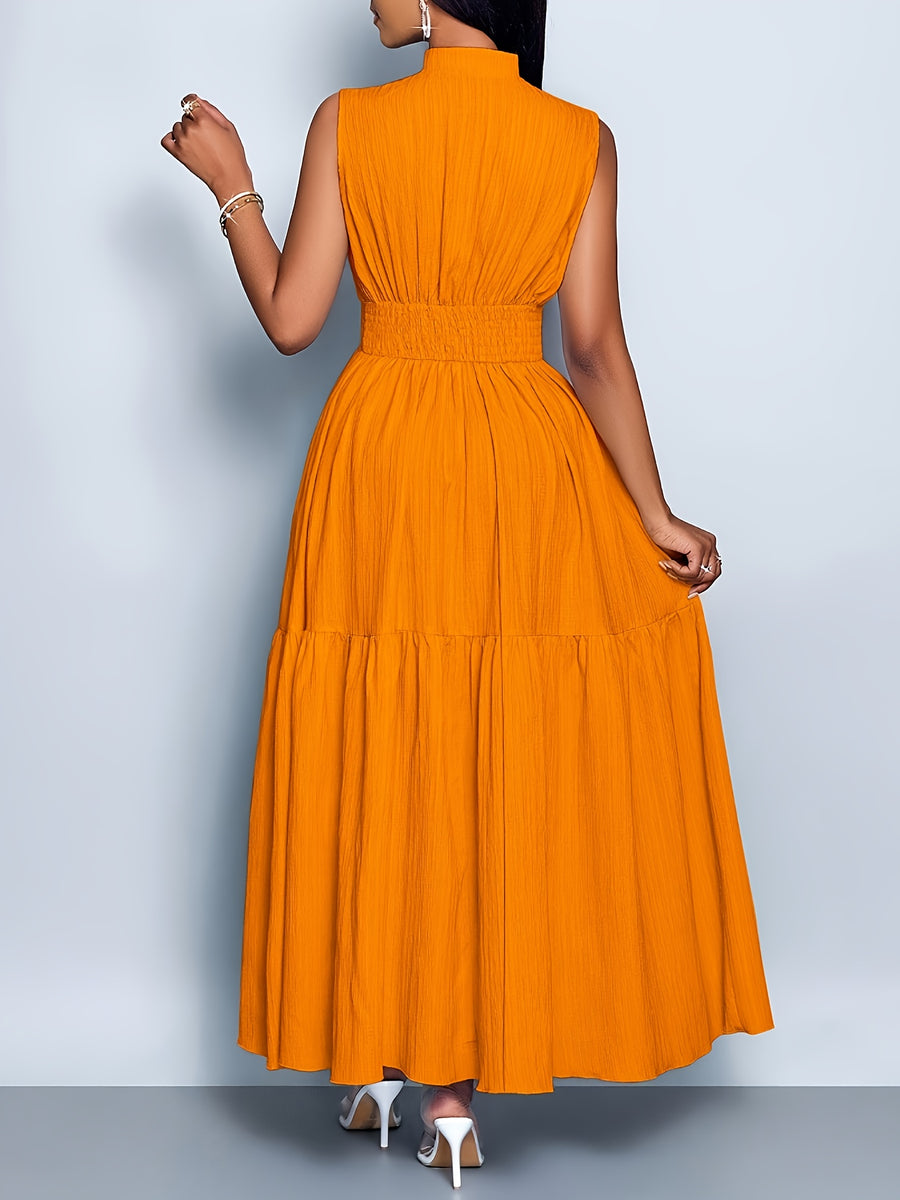 Elegant and Fashionable Women's Solid Color Stand-up Collar Sleeveless Waist-cinching Tie-knot Dress with Front Cutout, Suitable for Casual, Fashionable, and Commuting Styles. Selected from the Industry's Elegant Series, Ideal for Parties and Work - Orange