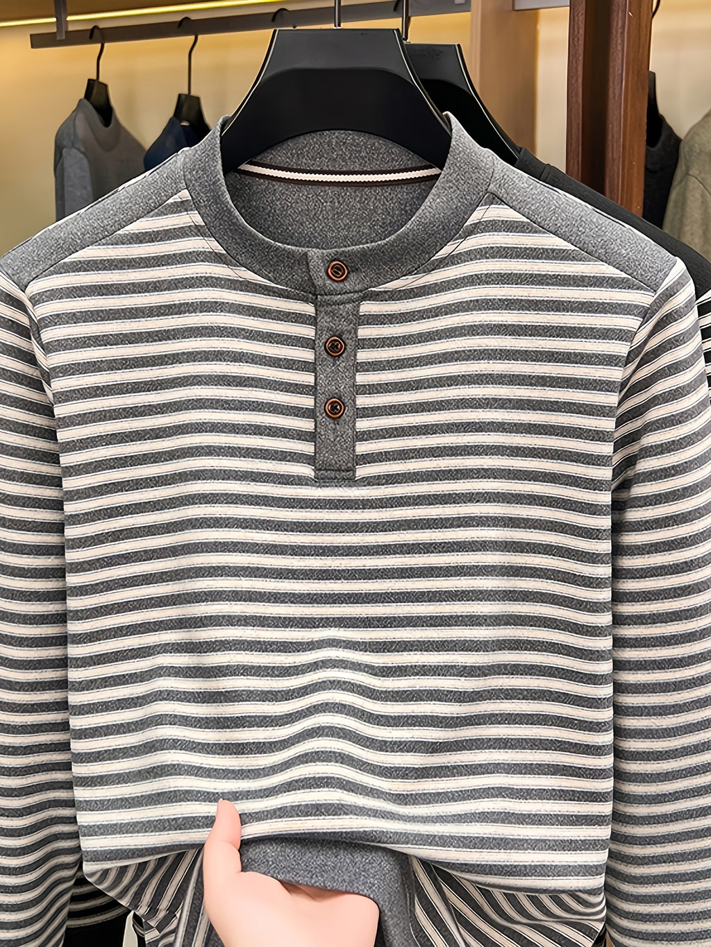Men's Multi-Color Horizontal Stripe Half-Button Long Sleeve T-Shirt, Henry Collar Design, Comfortable and Soft Knitted Fabric, Business Commute Inner Wear, Middle-Aged Men's Autumn Casual Top - Light Grey