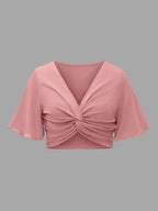 Women'S Elegant Dress Set, Solid Color V-Neck Twist Short Sleeve Top, Floral Print Suspender Dress Two-Piece Set - Pink Color