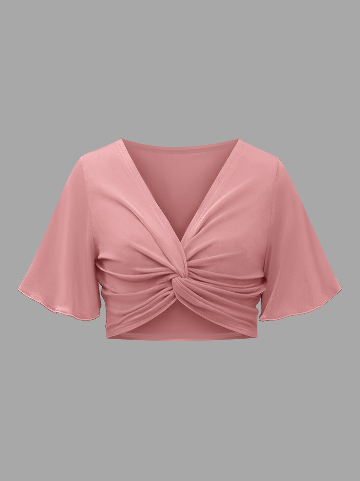 Women'S Elegant Dress Set, Solid Color V-Neck Twist Short Sleeve Top, Floral Print Suspender Dress Two-Piece Set - Pink Color