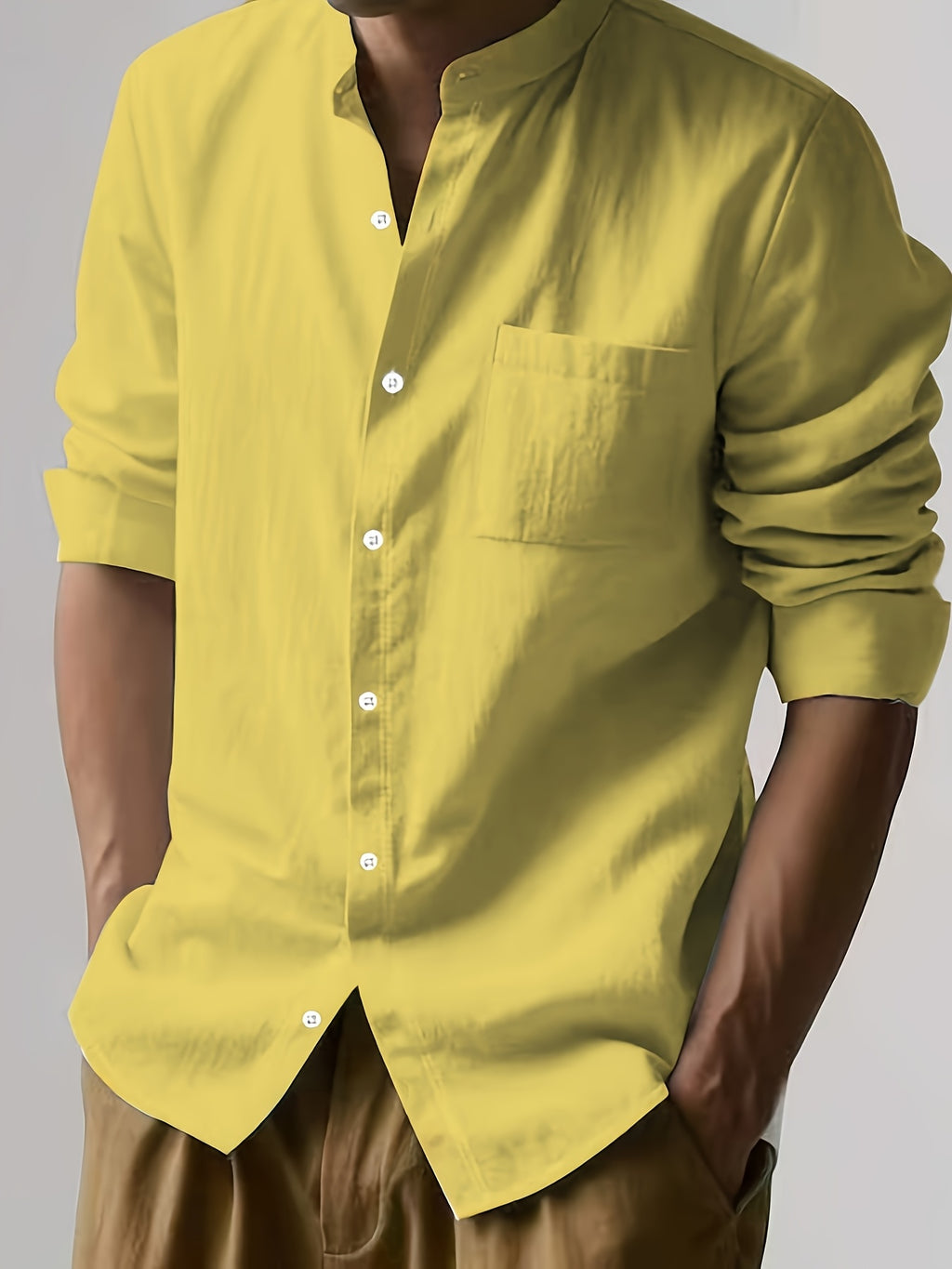 Men's Autumn Linen Long Sleeve Shirt 2pcs, Stand Collar Loose Fit, Breathable & Comfortable, Vintage Chinese Style for Daily Commute & Casual Wear, Gift Box Packaging for Gifting or Personal Use (Box and Props for Display Only) - White + Yellow
