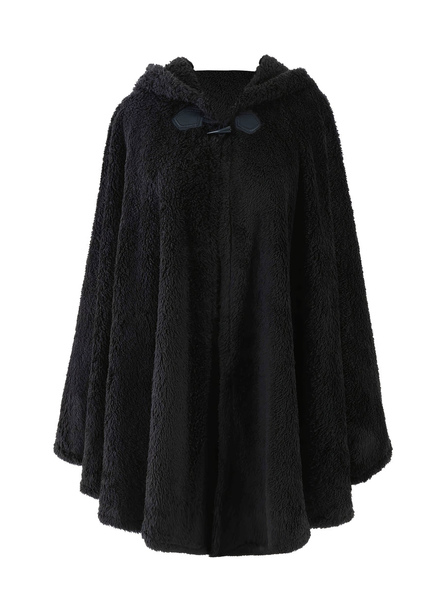 Plus Size - 1pc Faux Horn Button Size Free Solid Color Fashion Hooded Cape - Black
