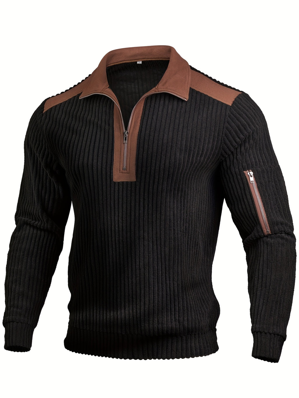 ROYALBOY Spring New Arrival Men's Gift Christmas Men's Casual Ribbed Half-Zip Stand Collar Pullover - Black and Brown Color Block Long Sleeve Pullover with Left Shoulder Zippered Storage Pocket, Versatile for Daily Wear Casual Sporty Layering | - Black