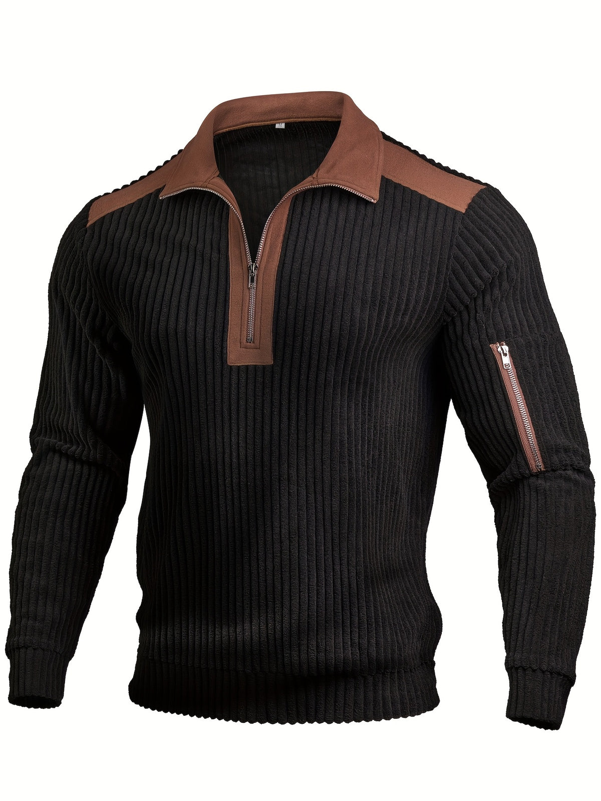 ROYALBOY Spring New Arrival Men's Gift Christmas Men's Casual Ribbed Half-Zip Stand Collar Pullover - Black and Brown Color Block Long Sleeve Pullover with Left Shoulder Zippered Storage Pocket, Versatile for Daily Wear Casual Sporty Layering | - Black