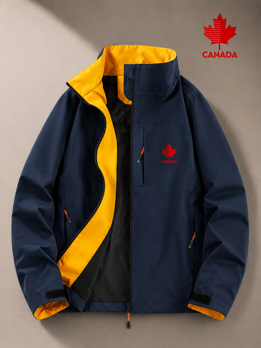 Outdoor Windproof Jacket with Maple Leaf Print, Softshell Fabric, Men'S Casual Hiking Coat, One-Piece Design - Navy Color