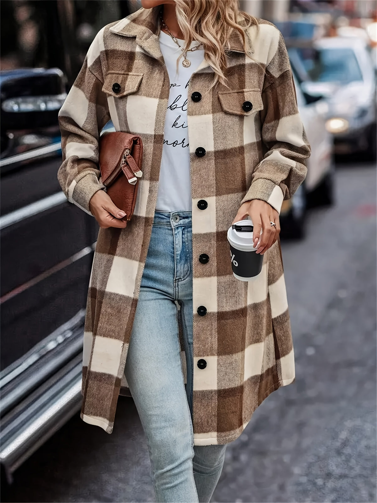 Elegant Women's Plaid Long-Sleeve Casual Shirt, Autumn/Winter Long-Sleeve Top, Long Blouse - Khaki