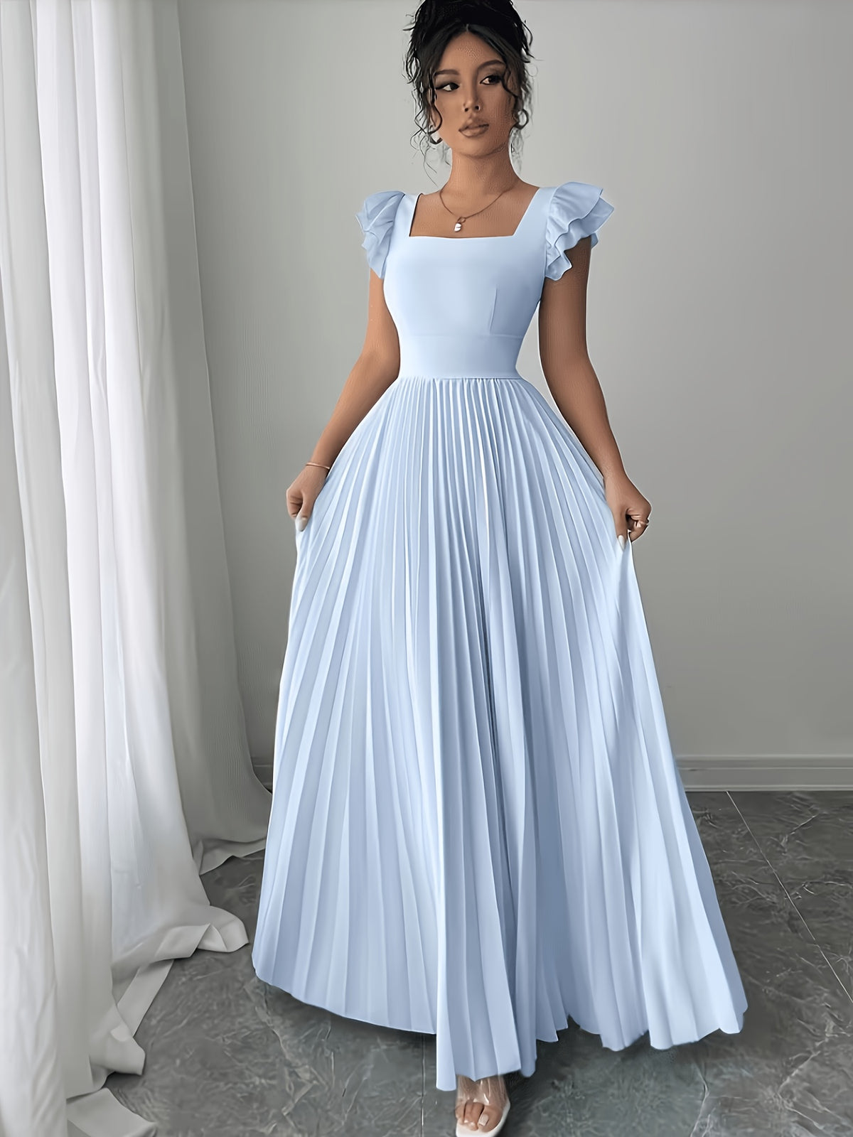 Women'S Elegant Floral Print Pleated Hem Long Dress, Summer - Light Blue