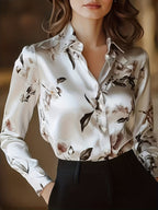 Elegant Special Edition Women'S Printed Long Sleeve Shirt - Classic Neckline Design, Machine Washable And Dry Cleanable - White