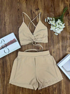 Women's Three-Piece Set: Camisole Top, Shorts & Shirt - Perfect for Daily Commute Vacation - Apricot