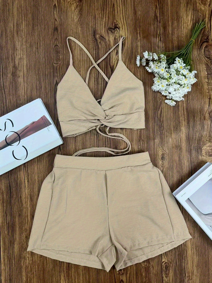 Women's Three-Piece Set: Camisole Top, Shorts & Shirt - Perfect for Daily Commute Vacation - Apricot