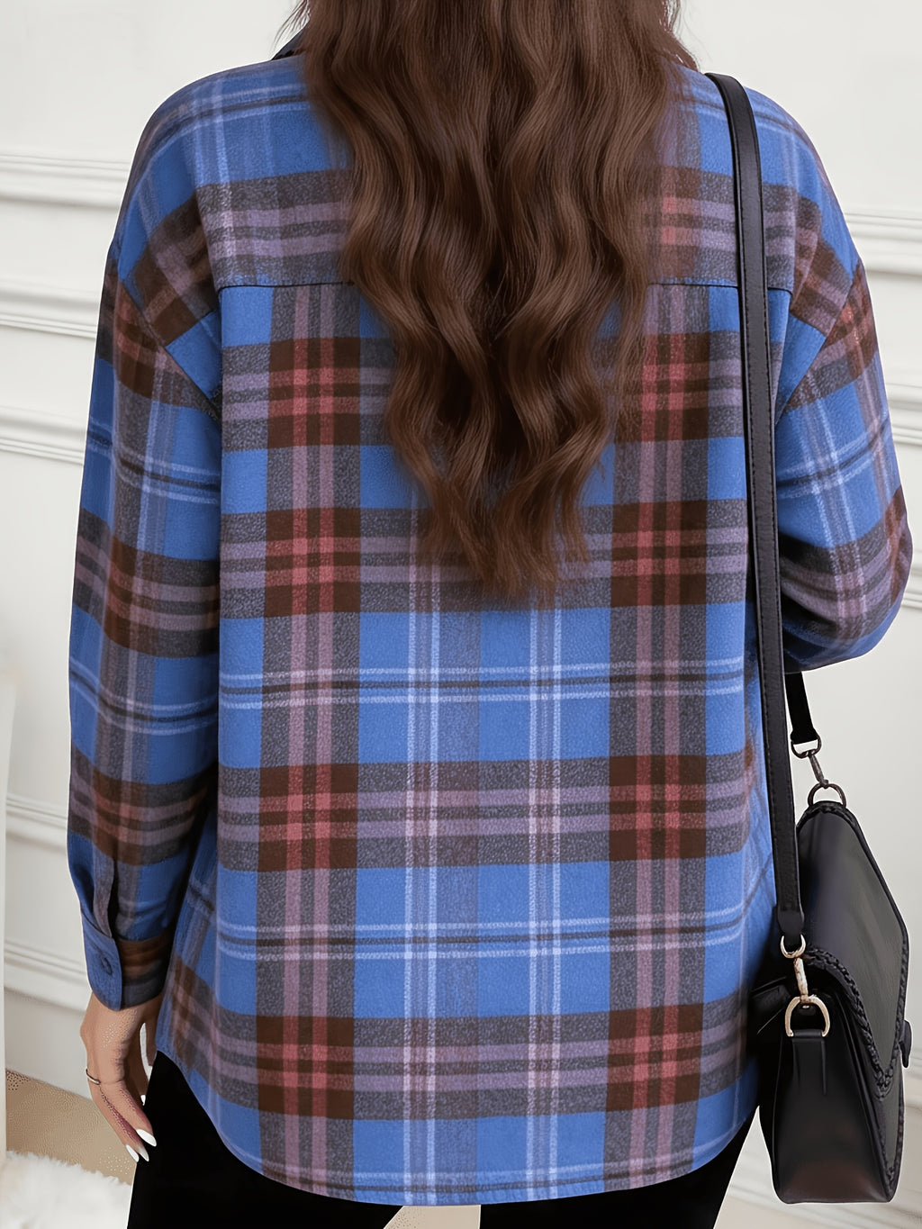 New Women'S Plaid Pattern Button-Pocket Casual Long Sleeve Shirt - Classic Versatile Casual Comfortable All-Season Elegant Shirt - Vibrant Blue