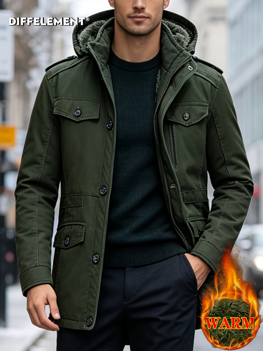 Men's Hooded Shoulder-Patch -Lined Mid-Length Workwear Parka Jacket, Winter Thickened Multi-Pocket Warm Padded Coat, Temperature-Locking, Cold-Resistant, Wear-Resistant, Wrinkle-Resistant, Structured and Stylish, Not Easily Deformed, Easy to Care - Olive Green