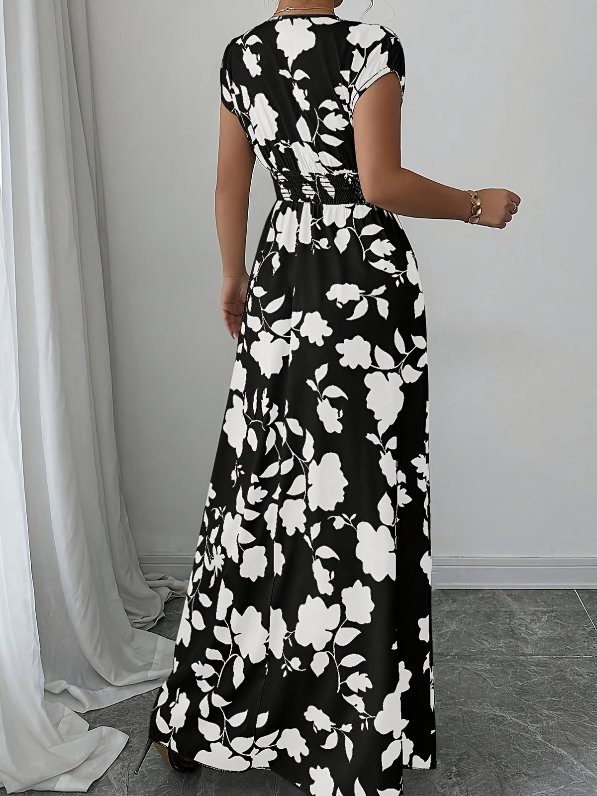Elegant Pink Floral Maxi Dress with V-Neck and Short Sleeves - Flowing A-Line Silhouette, Cinched Waist, Perfect for Spring/Fall, Casual to Formal Wear, Casual Elegant Wear | Floral Print Dress | Cinched Waist Design - White Flower On Black Background