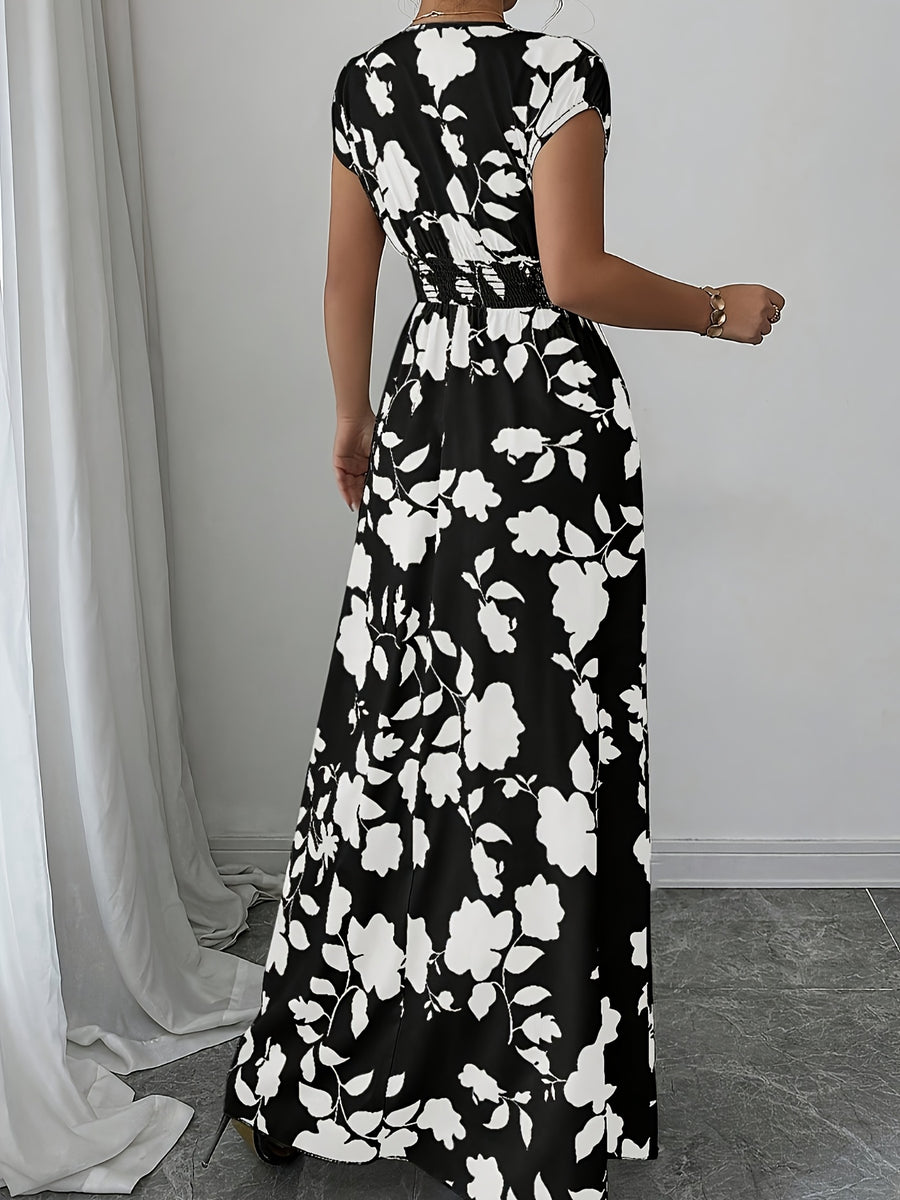 Elegant Pink Floral Maxi Dress with V-Neck and Short Sleeves - Flowing A-Line Silhouette, Cinched Waist, Perfect for Spring/Fall, Casual to Formal Wear, Casual Elegant Wear | Floral Print Dress | Cinched Waist Design - White Flower On Black Background