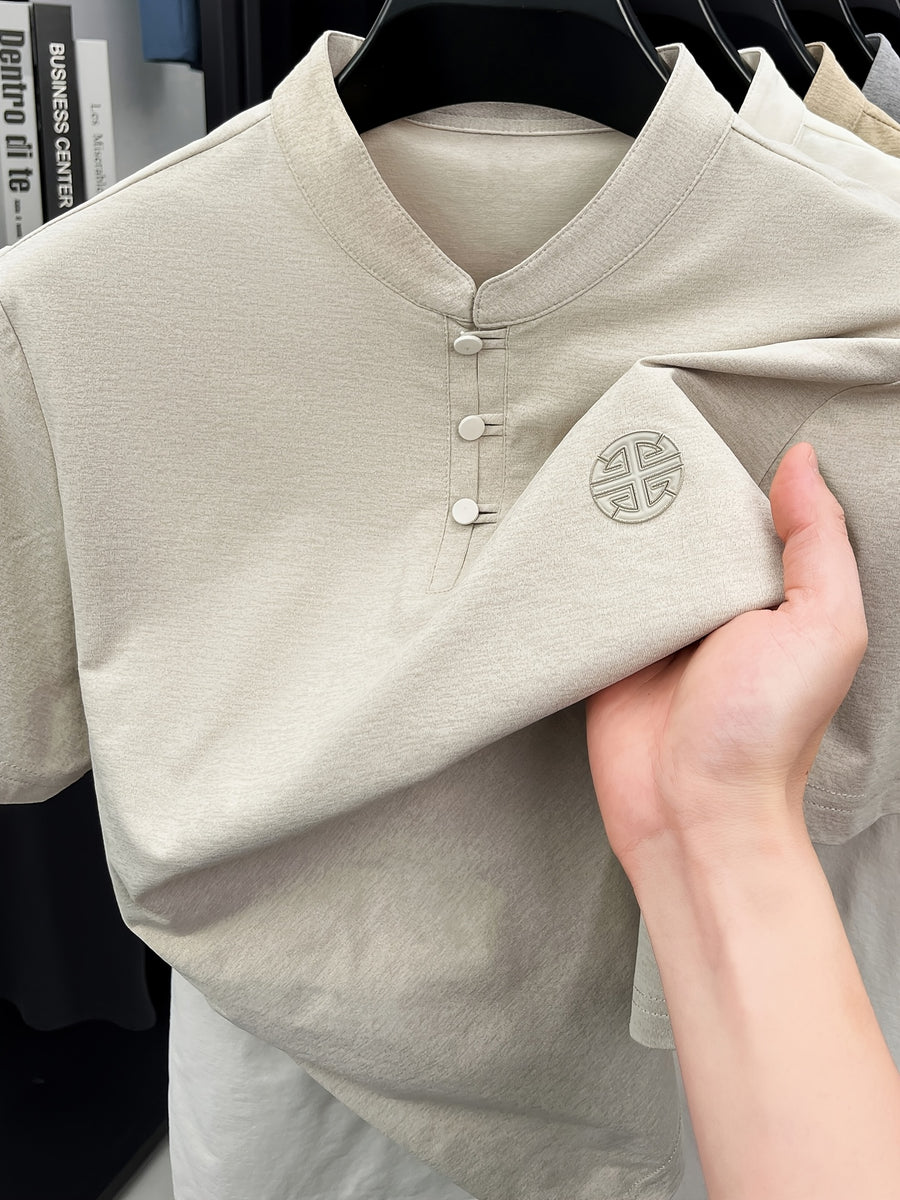 New Summer Chinese Hero Ancient Style Three-Button Access Control Short-Sleeve Men's T-Shirt, Stylish Casual Novelty Men's Top, Refreshing Quick-Drying, Durable and Skin-Friendly Apparel JC8912 - Apricot