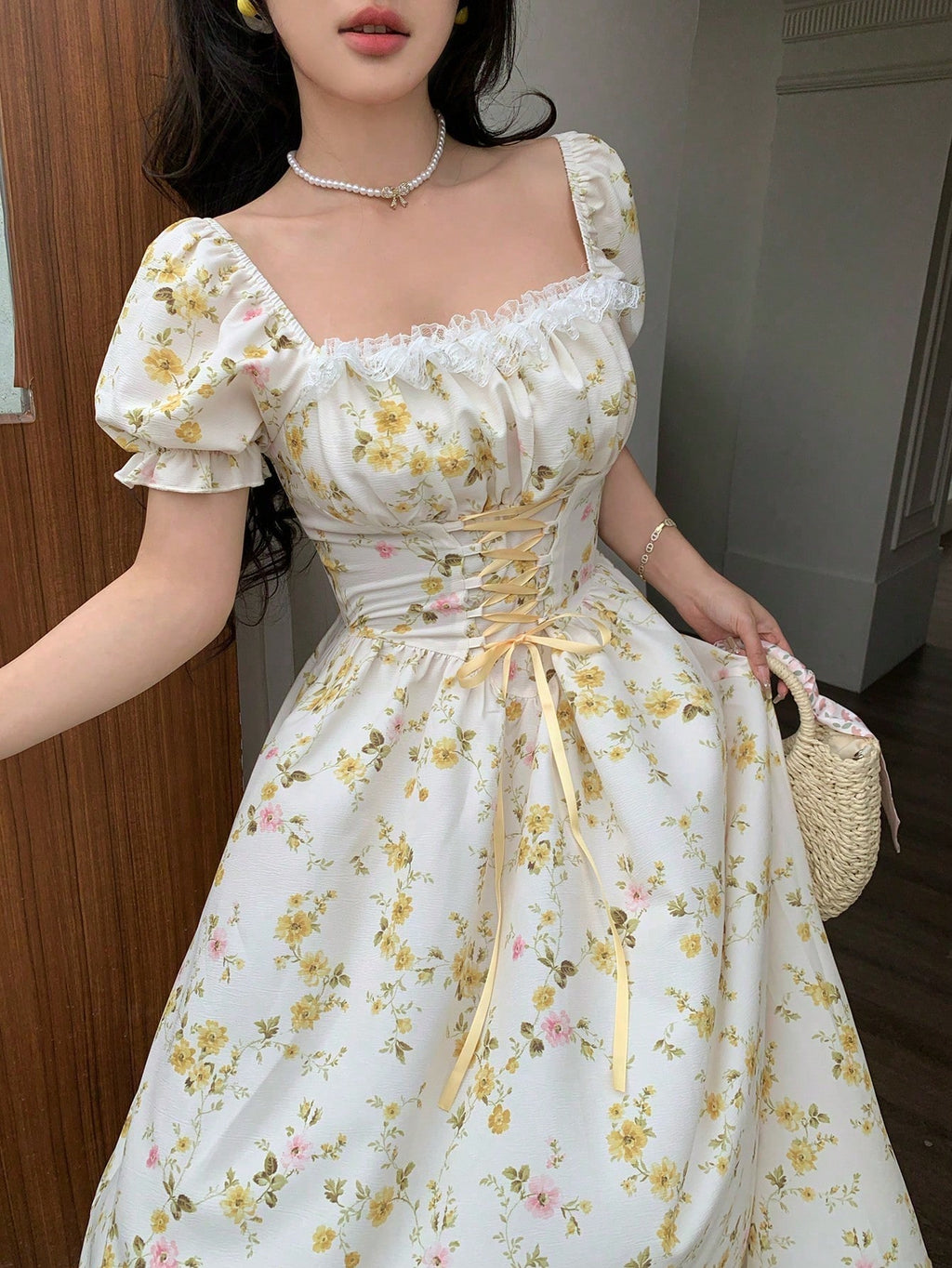 Charming Romantic Dumb Flower Patchwork Lace Collar Long Sleeve Waist-Cinching Elegant Dress, Vacation Wear, Women'S Dress - Lace