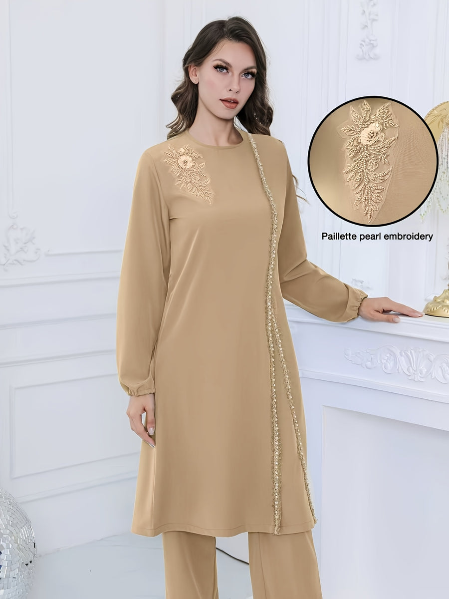Women'S Sequined Flower Bead Embroidery Rhinestone Decorated Round Neck Long Sleeve Top with Drawstring Adjustable Pants, Elegant Business Fashion Design, Suitable for Festival Party Two-Piece Set - Khaki