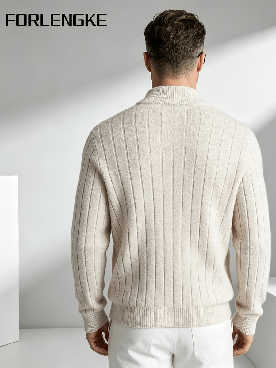 FORLENGKE Men'S Business Casual Stand Collar Cable Knit Cardigan, Soft Warm Textured Long Sleeve Sweater Jacket for Fall Winter Office Daily Wear - Apricot