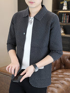 Du Jing Lan OBM Men's Autumn/Winter New Arrival Knitted Cardigan, Old Money Style Contrast Color Lapel Pocket Open Front Single-Breasted Knit Cardigan, Men's Business Casual Fashion Open Front Knit Cardigan Top, Contrast Color Checkered Design - Deep Gray