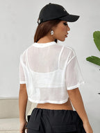 European and American Fashion Digital Short Spliced Sports Round Neck Solid Color T-Shirt Top - White
