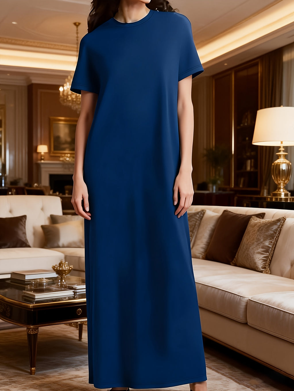 Plus Size, Fashion Casual Short-sleeve Round-neck Long Dress with Pockets, Solid Color, for Spring and Summer - Blue