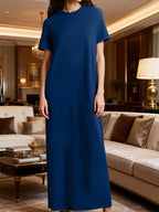Plus Size, Fashion Casual Short-sleeve Round-neck Long Dress with Pockets, Solid Color, for Spring and Summer - Blue