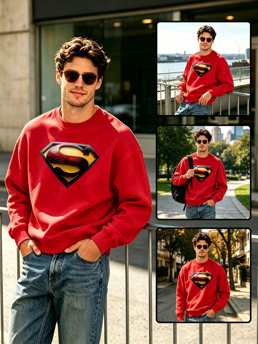 Single Pc, Unisex, Loose Fit, "Superman S Shield Logo, Metallic 3D Embossed Texture, Red Black Yellow Contrast, Sharp Edges, Centered Placement" Print, Solid Color 100% Polyester Round Neck Sweatshirt, Casual Street Commute - Red