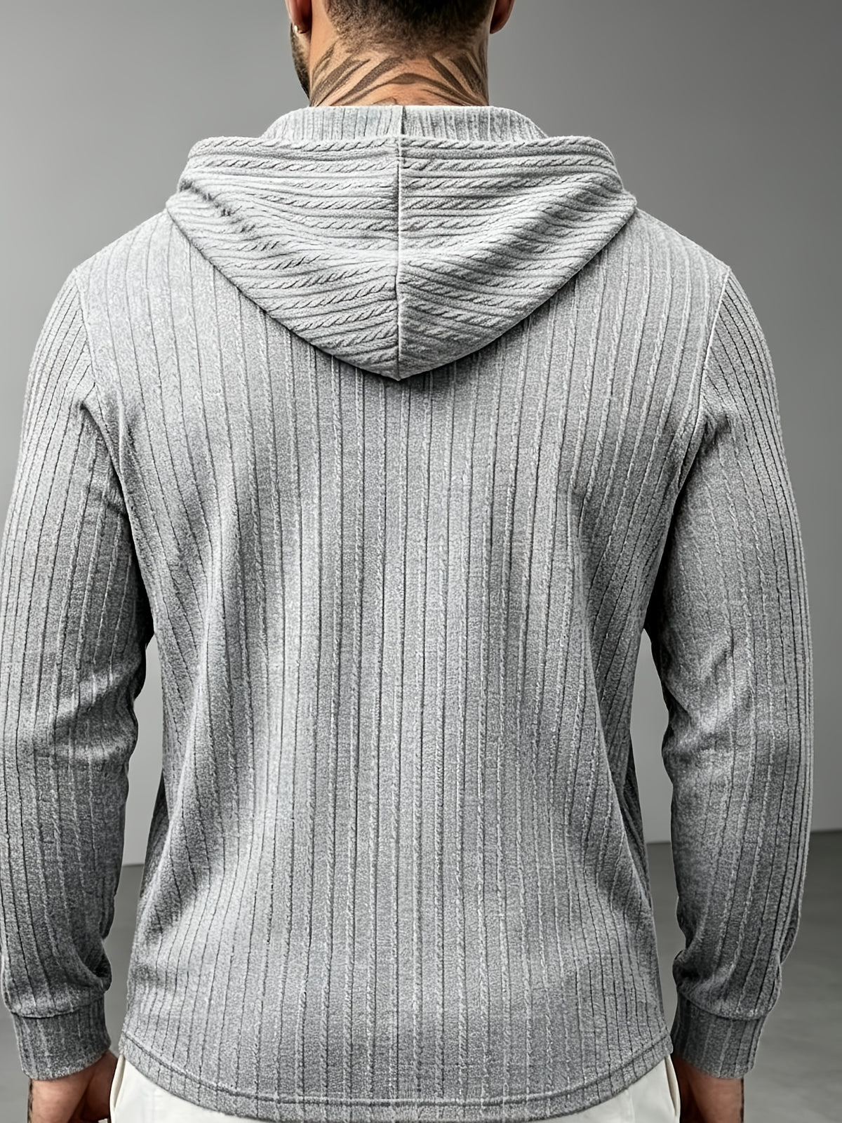 New Men'S Textured Jacquard Hooded Sweatshirt, Henley Button-Front Pouch Kangaroo Pocket Loose Stretch Long Sleeve Casual Top - Light Grey