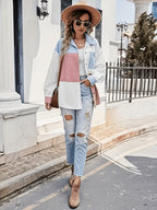 Elegant Women'S Spring Autumn Color-Block Long Sleeve Versatile Shirt Contrast Color Corduroy Shirt Jacket, Patchwork Color-Block Shirt Jacket, Early Autumn Loose Casual Cardigan, Fresh Blue Pink Color-Block Shirt - Mixed colors