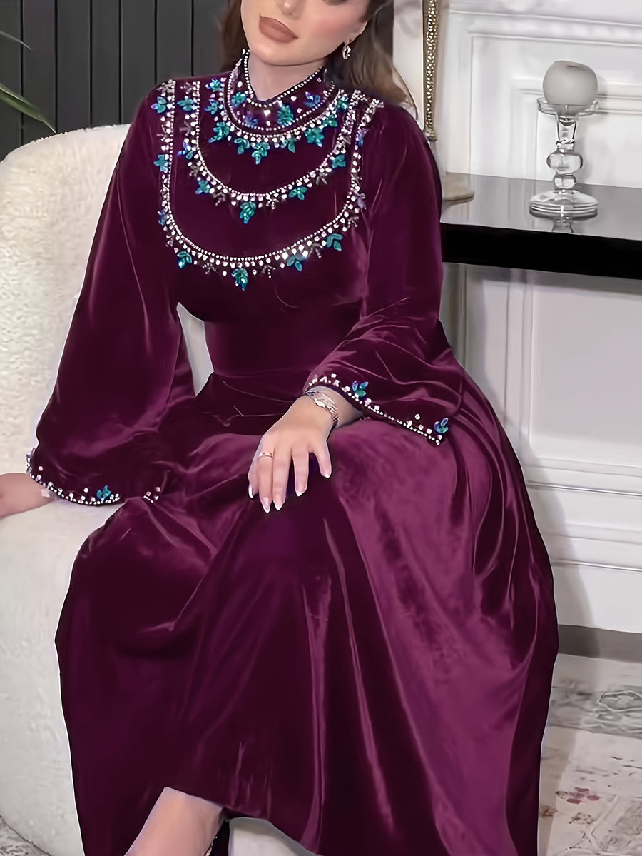 Ramadan Saudi Arabia Abaya Robe, Velvet Zipper Green Water Drop Rhinestone Middle Eastern Dress - Purple
