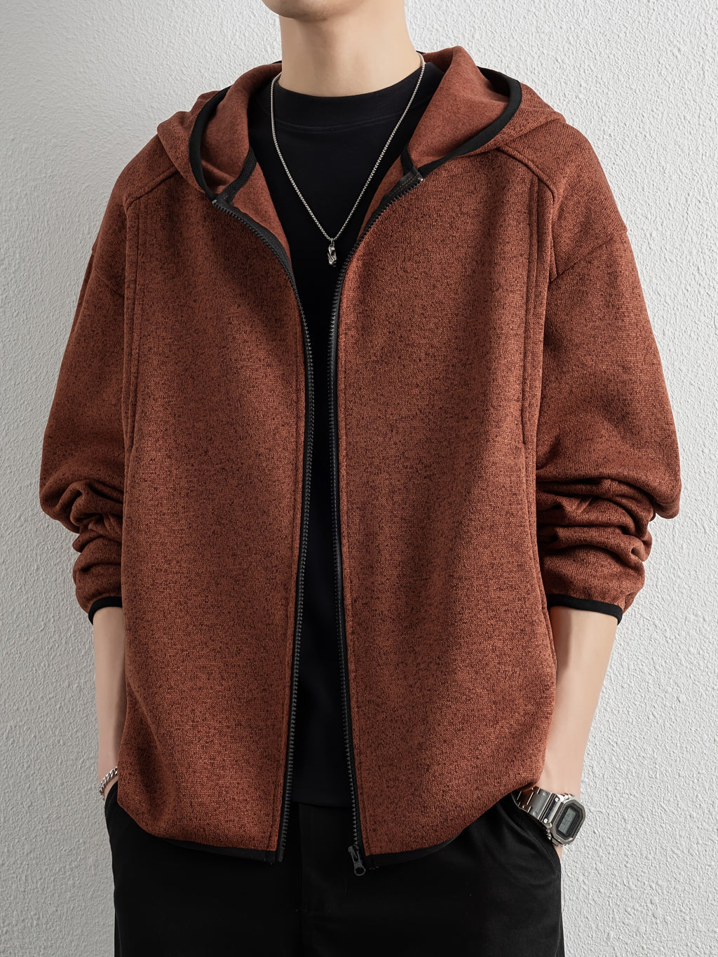 Men'S Spring And Autumn Hooded Sweatshirt Cardigan, Basic Jacket, Multiple Colors Available, Casual Zipper Design, Easy to Wear. Pair with Solid Color Base Pieces, Easily Integrates Into Various Fashion Trends, Practical And Minimalist Fashion - Brick Red