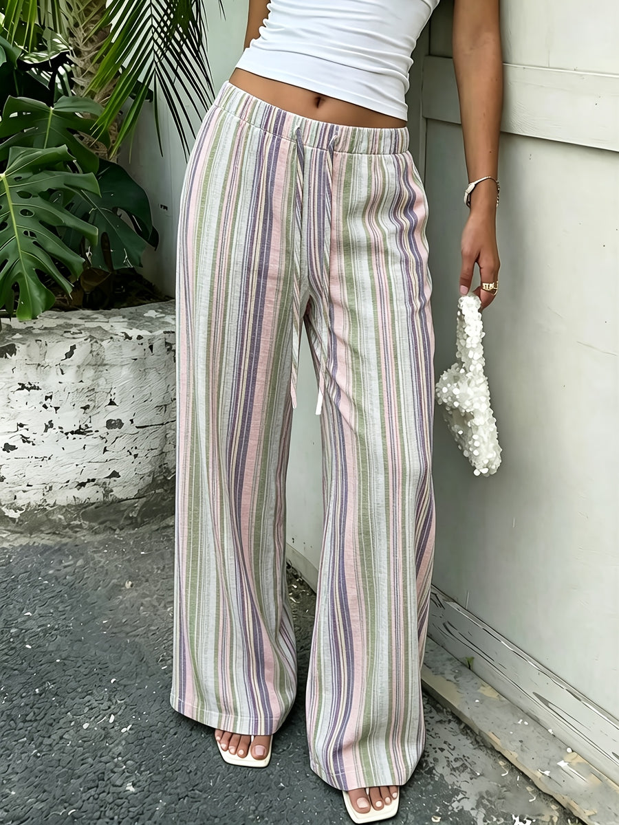 A Comfortable and Stylish Women's Striped Casual Pants, Suitable for Vacation Leisure, Office Wear, and Daily Outings. - Matcha Color