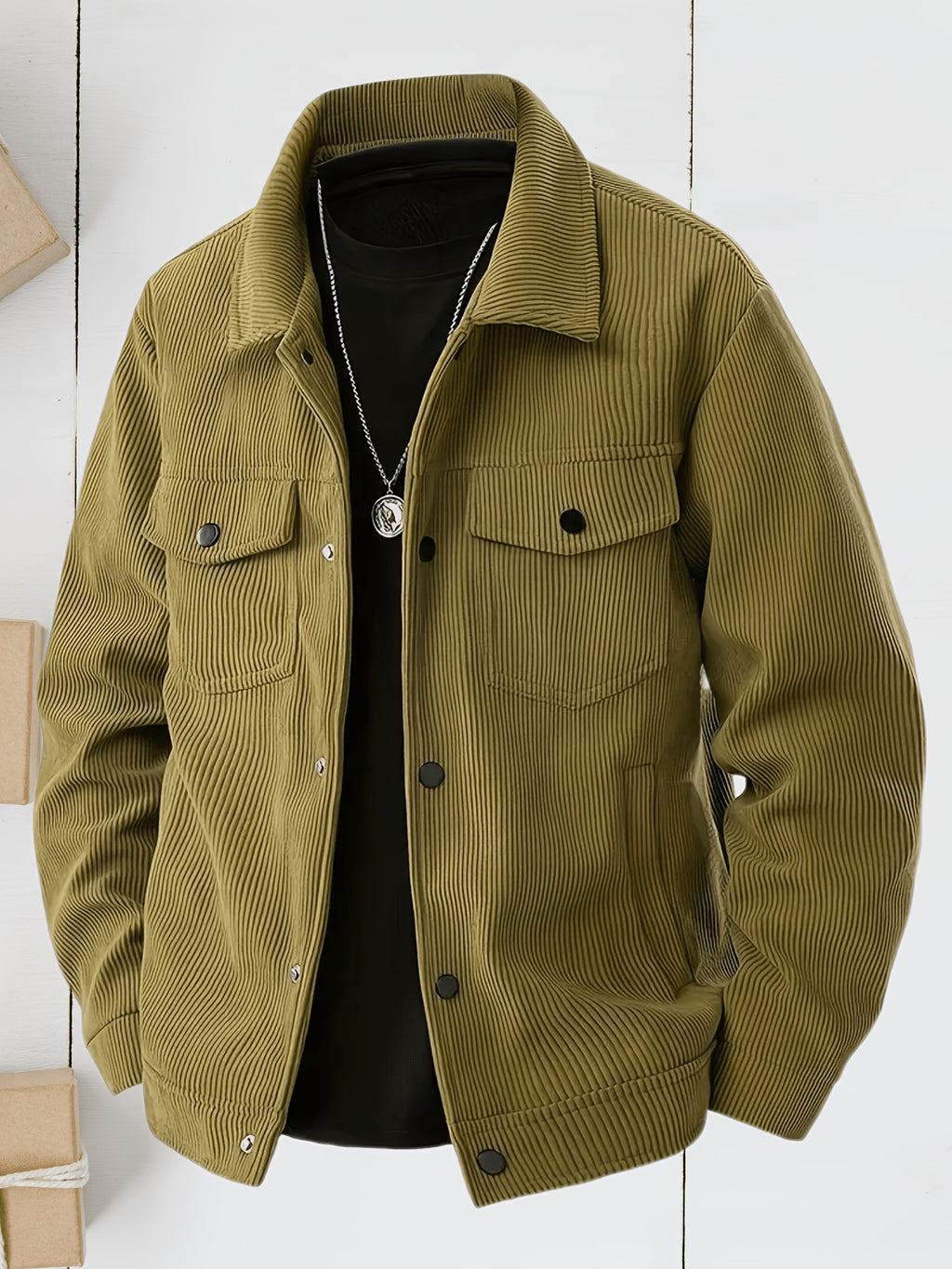 New Men'S Corduroy Jacket Coat, Spring/Autumn Trendy Outerwear, Single-Breasted Lapel with Multiple Pockets, Warm And Versatile Men'S Top, Suitable for Daily Commute And Office Wear - Khaki 2
