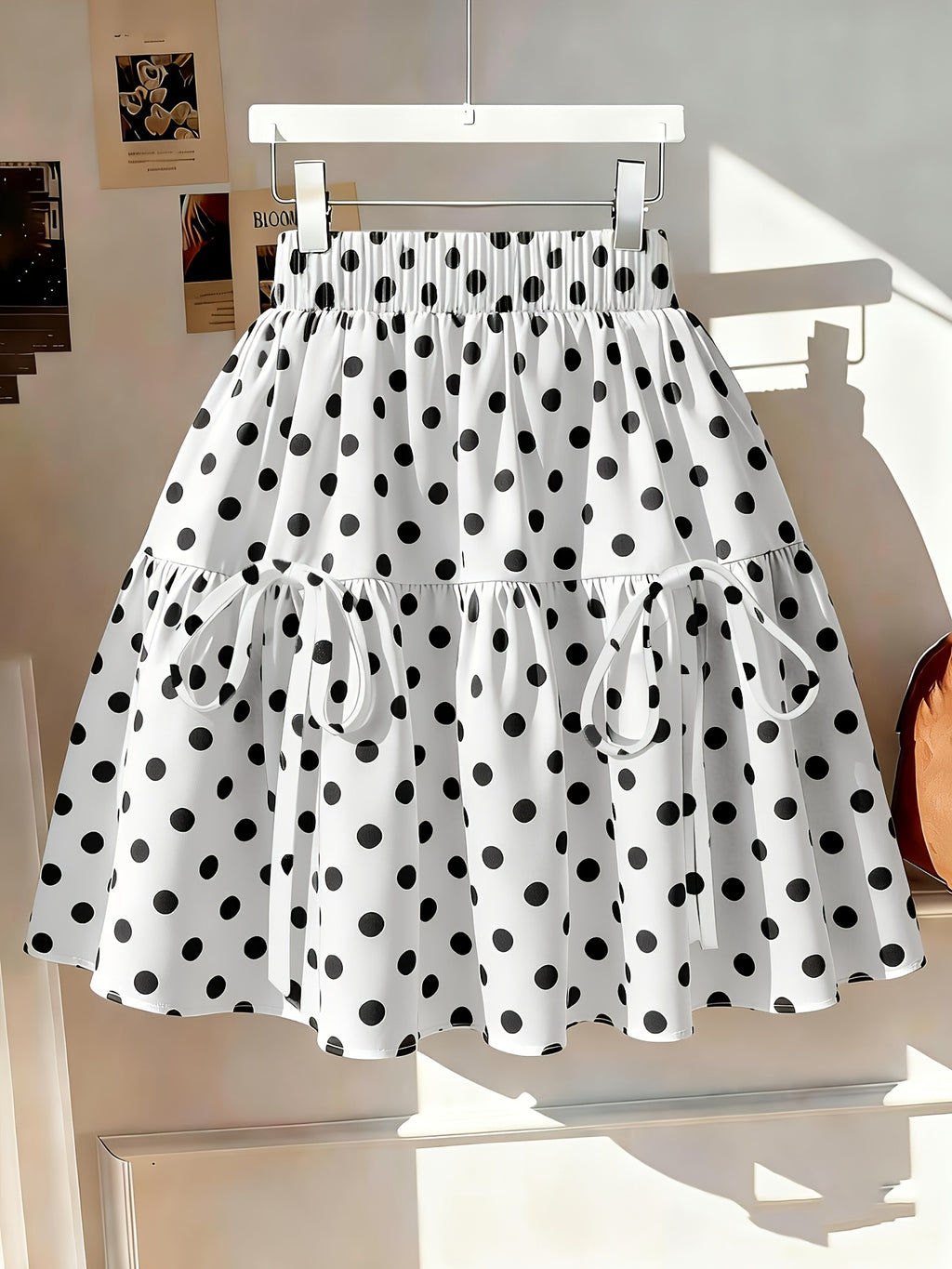 355# Ruffle Trim Floral Bow Tie Polka Dot Short Cake Skirt - White