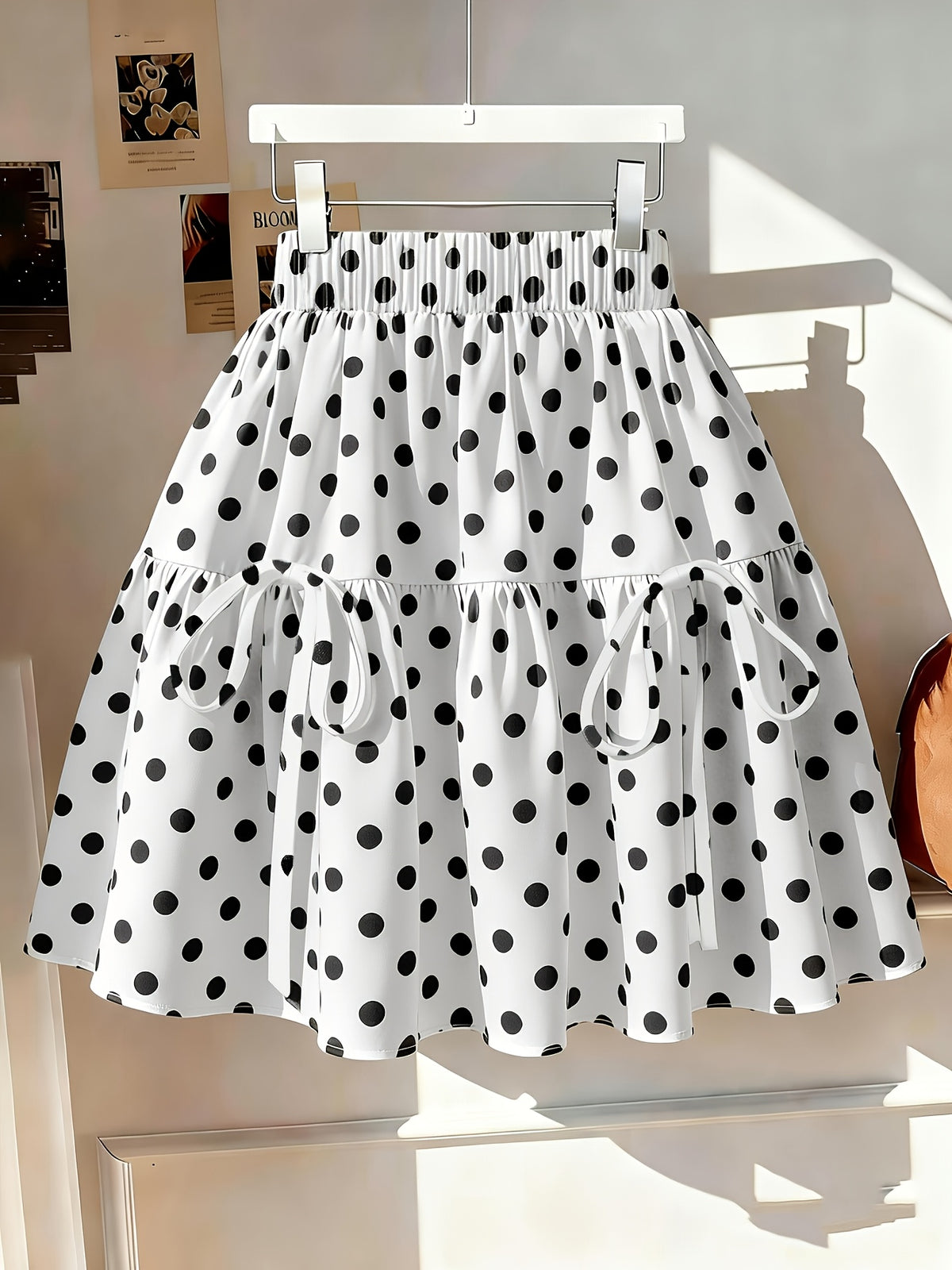 355# Ruffle Trim Floral Bow Tie Polka Dot Short Cake Skirt - White