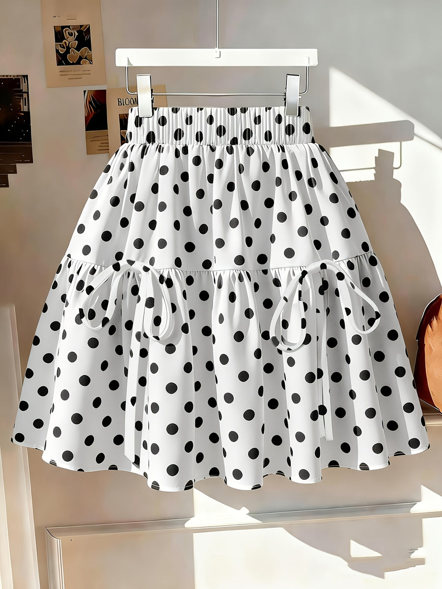 355# Ruffle Trim Floral Bow Tie Polka Dot Short Cake Skirt - White