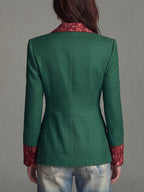 Women'S New Style Temperament Polka Dot Printed Sleeve And Collar Patchwork Floral Fashion Commuter Waist-Cinching Suit Jacket with Lining And Pockets - Green