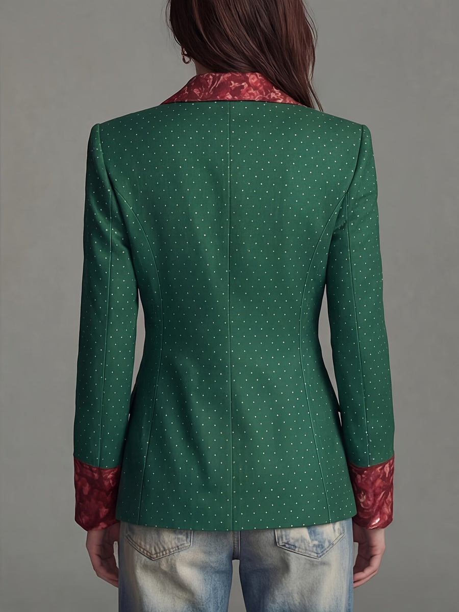 Women'S New Style Temperament Polka Dot Printed Sleeve And Collar Patchwork Floral Fashion Commuter Waist-Cinching Suit Jacket with Lining And Pockets - Green
