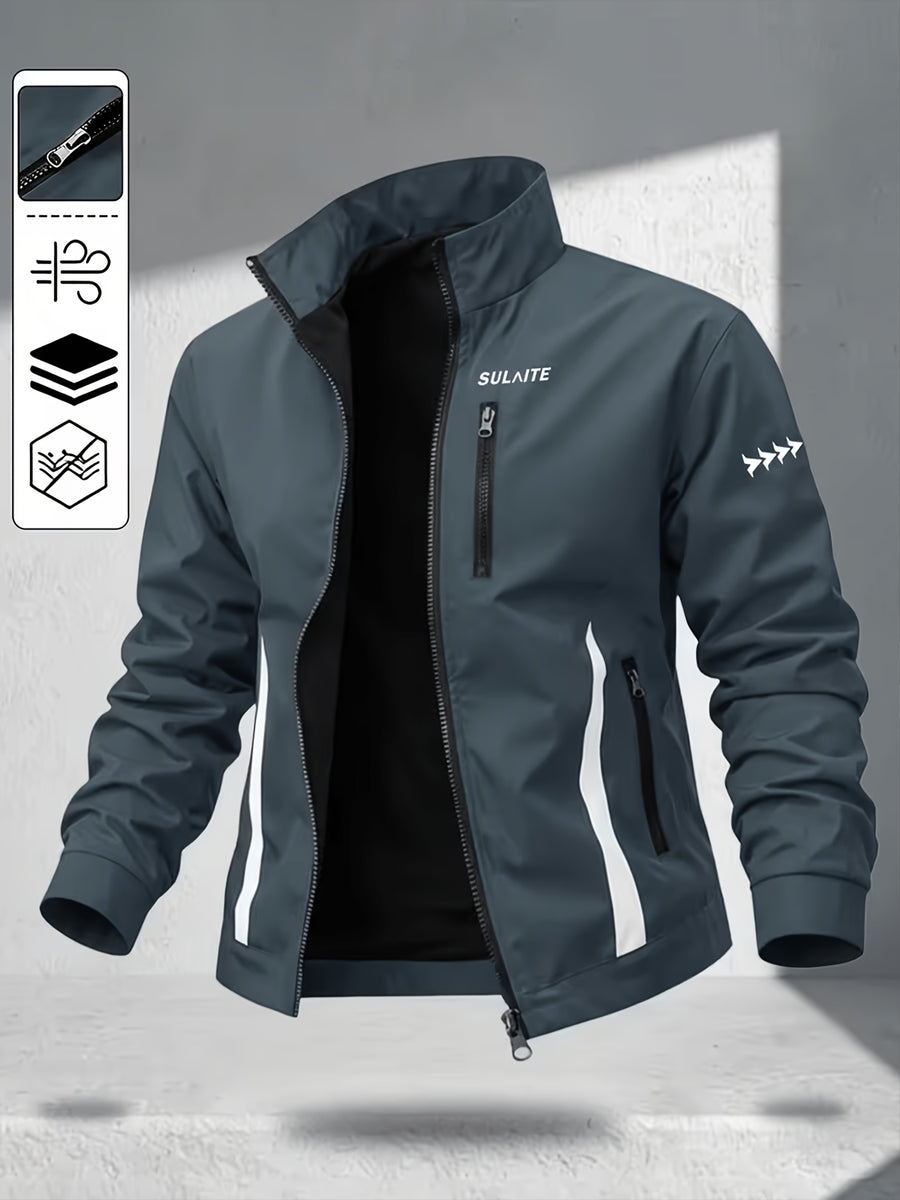 Men's Stand Collar Jacket with Color-blocking White Stripe Design and Logo, Business Casual Versatile Lightweight Windbreaker, Trendy Slim Fit Zip-up Sports Jacket, Suitable for Daily Work Wear. - Dark Gray