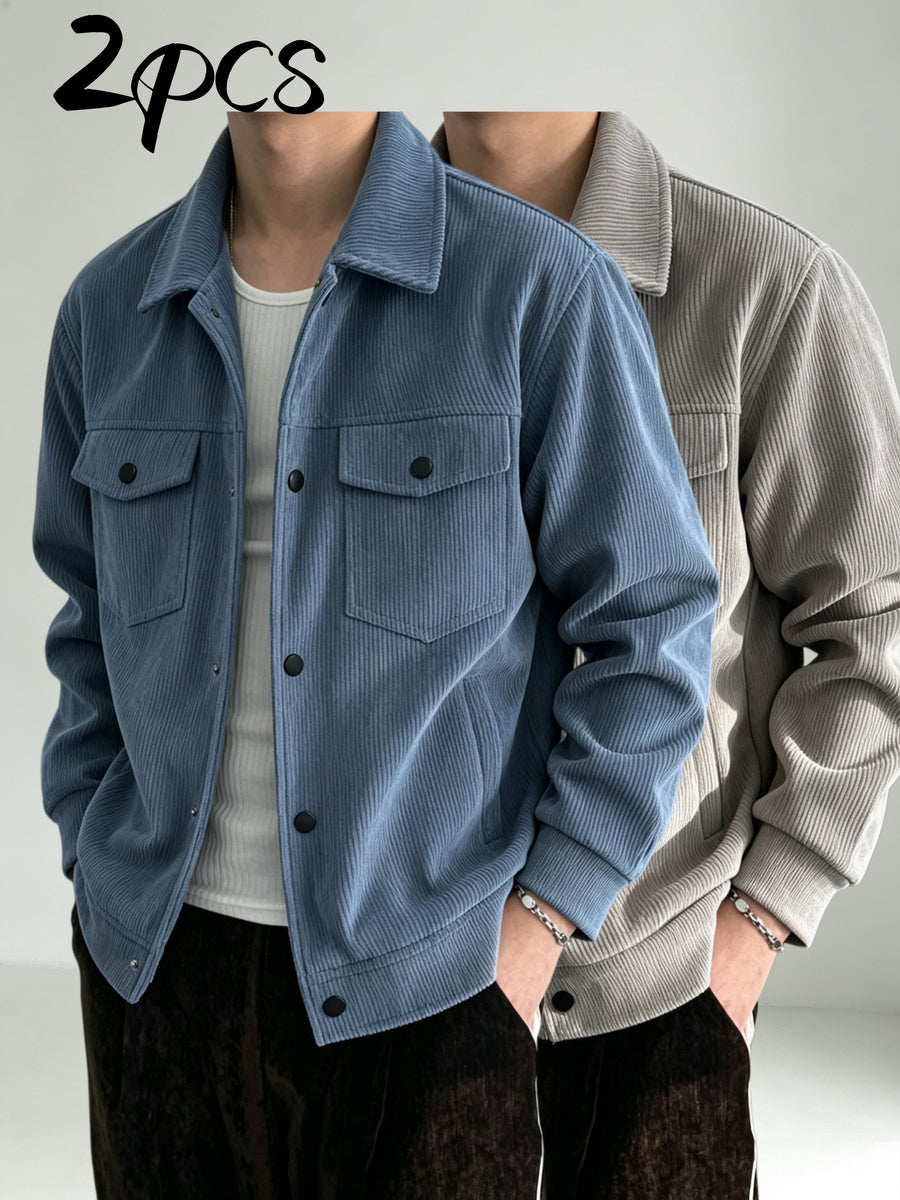 2pcs Men's Lapel Snap Button Jacket, Corduroy Texture Multi-Pocket Outerwear, Autumn/Winter Simple Vintage Casual Men's 2pcs Set - Blue+gray