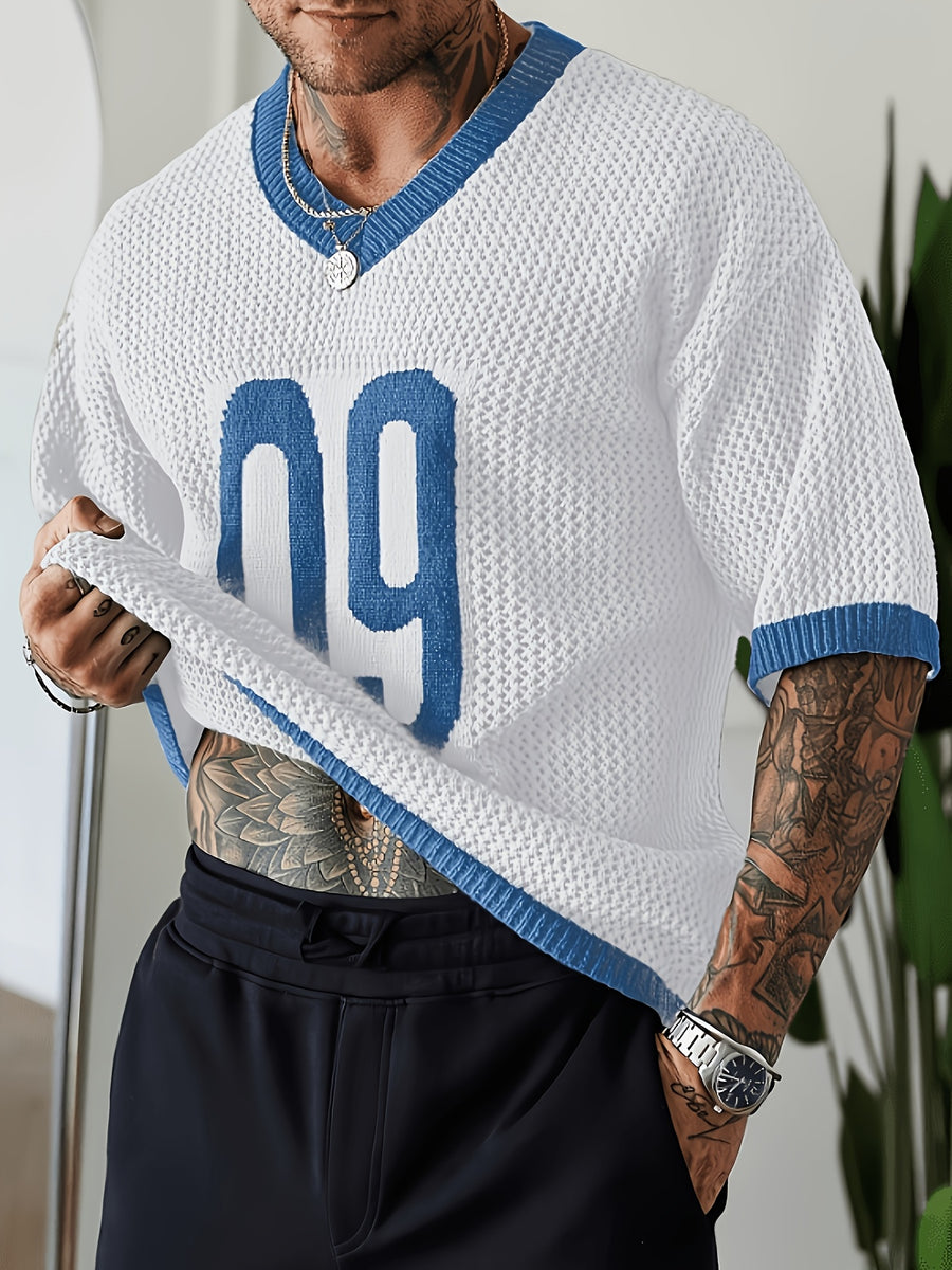 Men's Trendy Spring/summer Sporty Casual Knit Top, V-neck Color-blocked Number Design Loose Knit Pullover, Suitable for Sports and Fitness, Casual and Versatile. - White