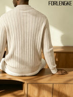 FORLENGKE New Stylish Men's Business Casual Stand Collar Cable Knit Zip Up Cardigan, Soft Warm Long Sleeve Knit Jacket for Fall Winter Office Daily Wear - Apricot