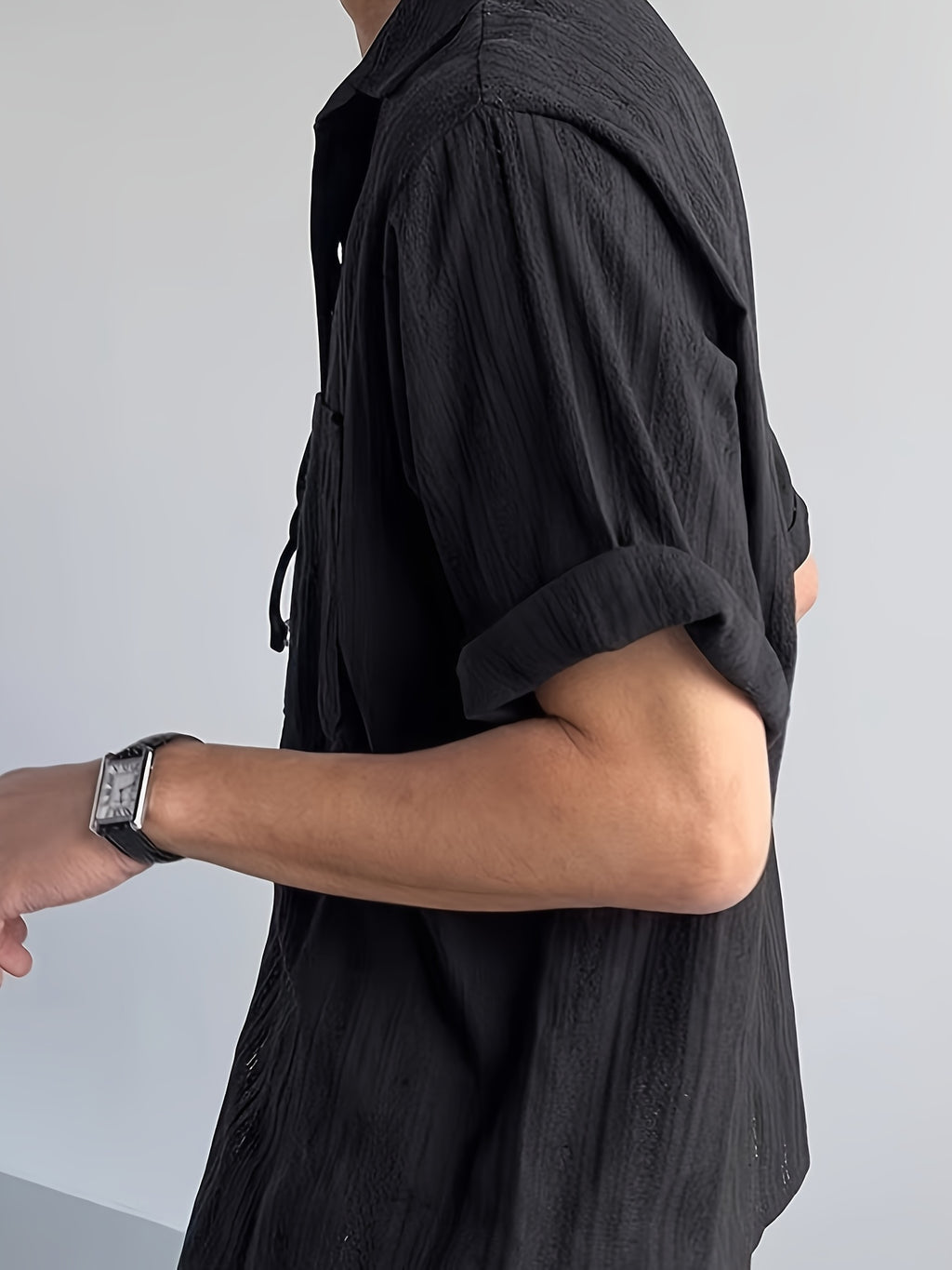 Men's Hollow Out Striped Short Sleeve Shirt, Cuban Collar, Casual Summer Beach Blouse, KhakiMen's Casual Cuban Collar Shirt, Hollow Out Stripe Texture, Short Sleeve, Loose Fit, Summer Daily TopSummer Men's Khaki Striped Shirt, Cuban Collar - Black